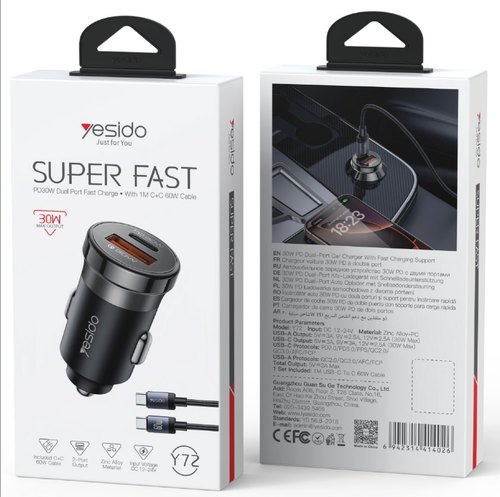 מטען מהיר לרכב Yesido Y72 בהספק 30W - יציאות USB-A ו-USB-C (כולל כבל C-C)