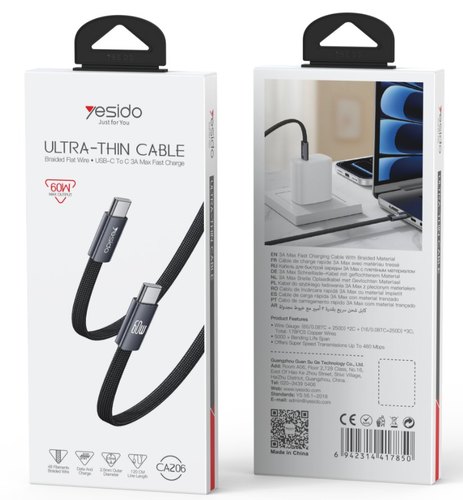 כבל שטוח קלוע USB-C ל-USB-C בהספק 60W Yesido CA206 - שחור