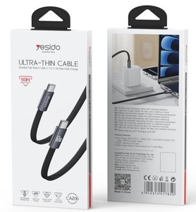 כבל שטוח קלוע USB-C ל-USB-C בהספק 60W Yesido CA206 - שחור