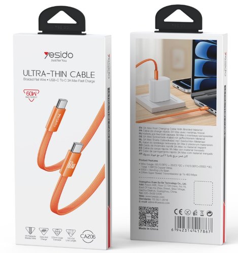 כבל שטוח קלוע USB-C ל-USB-C בהספק 60W Yesido CA206 - כתום