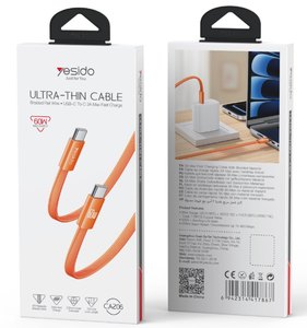 כבל שטוח קלוע USB-C ל-USB-C בהספק 60W Yesido CA206 - כתום