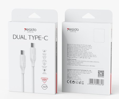 כבל USB-C ל-USB-C בהספק 60W Yesido CA175 - לבן