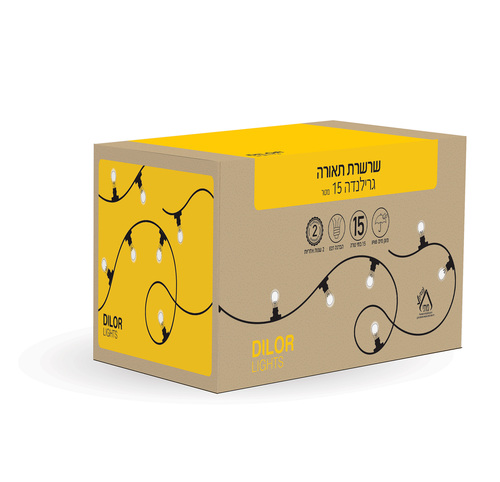 שרשרת תאורה גרילנדה 15 מטר עם 15 בתי נורה E27 ‏IP65 – DILOR דילאור