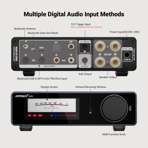 AIYIMA A80 — מגבר משולב Hi-Res 300W×2 עם DAC ES9038Q2M ו-Bluetooth 5.1
