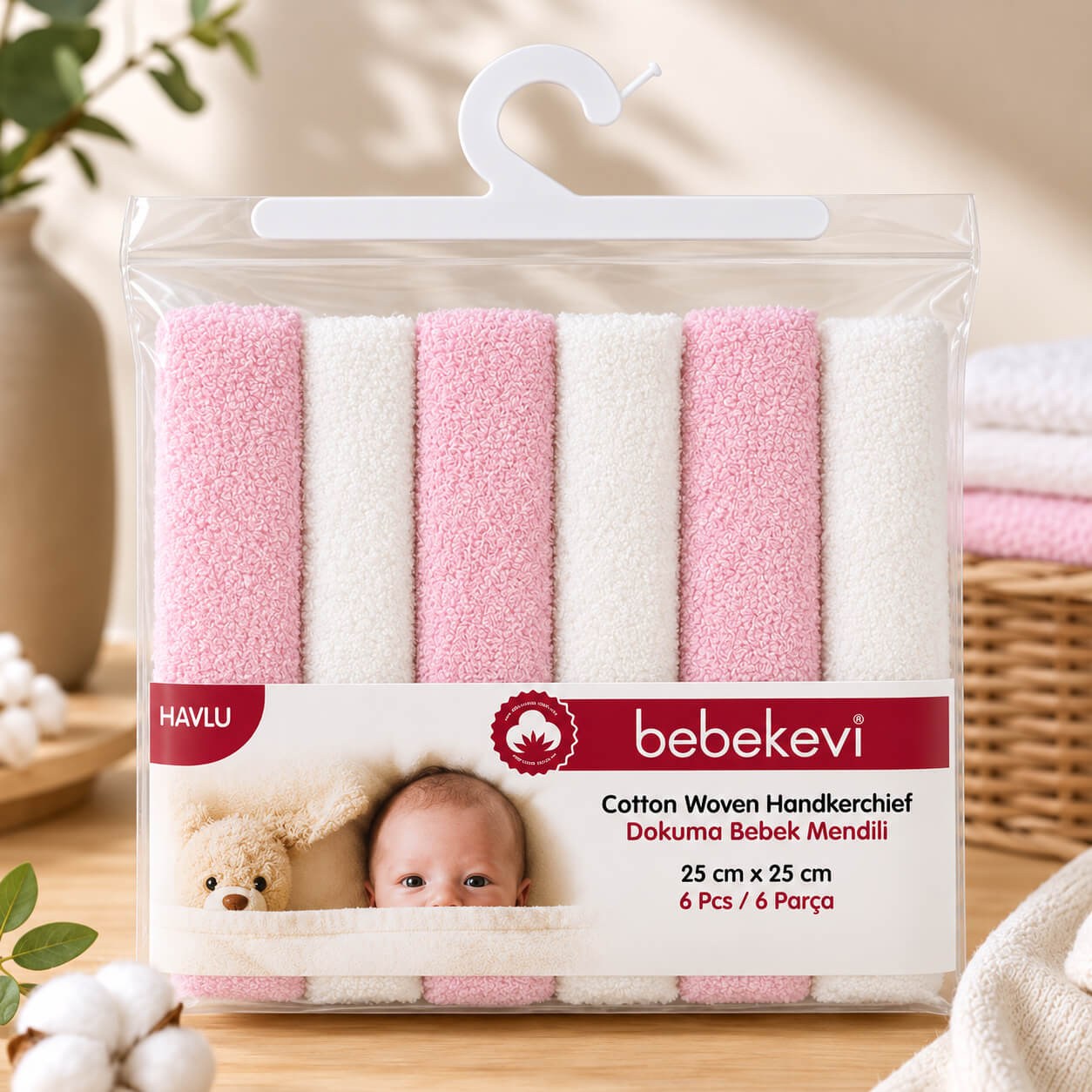 שישיית מגבות רחצה לתינוק ורוד ולבן Bebekevi