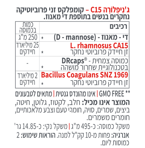 ג'ניפלורה Geniflora C15 – פרוביוטיקה לנשים 27B בתוספת די מאנוז – קטגורי 5 (30 כמוסות)