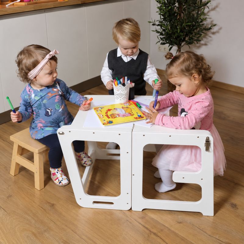 מגדל למידה בצבע  לבן לזאטוטים נהפך לשולחן וכיסא ושרפרף M1013