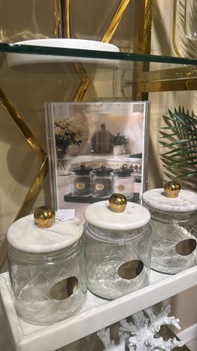 סט צנצנות איכותי לתה קפה סוכר משיש משולב זכוכית