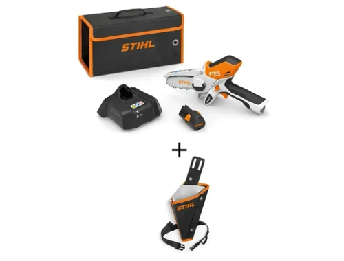 מסור שרשרת נטען קטן של STIHL - הכלי הקומפקטי שחייבים בכל גינה + סוללה ומטען +שמן Multioil Bio, תיק נשיאה דגם GTA 26 +מתנה נרתיק