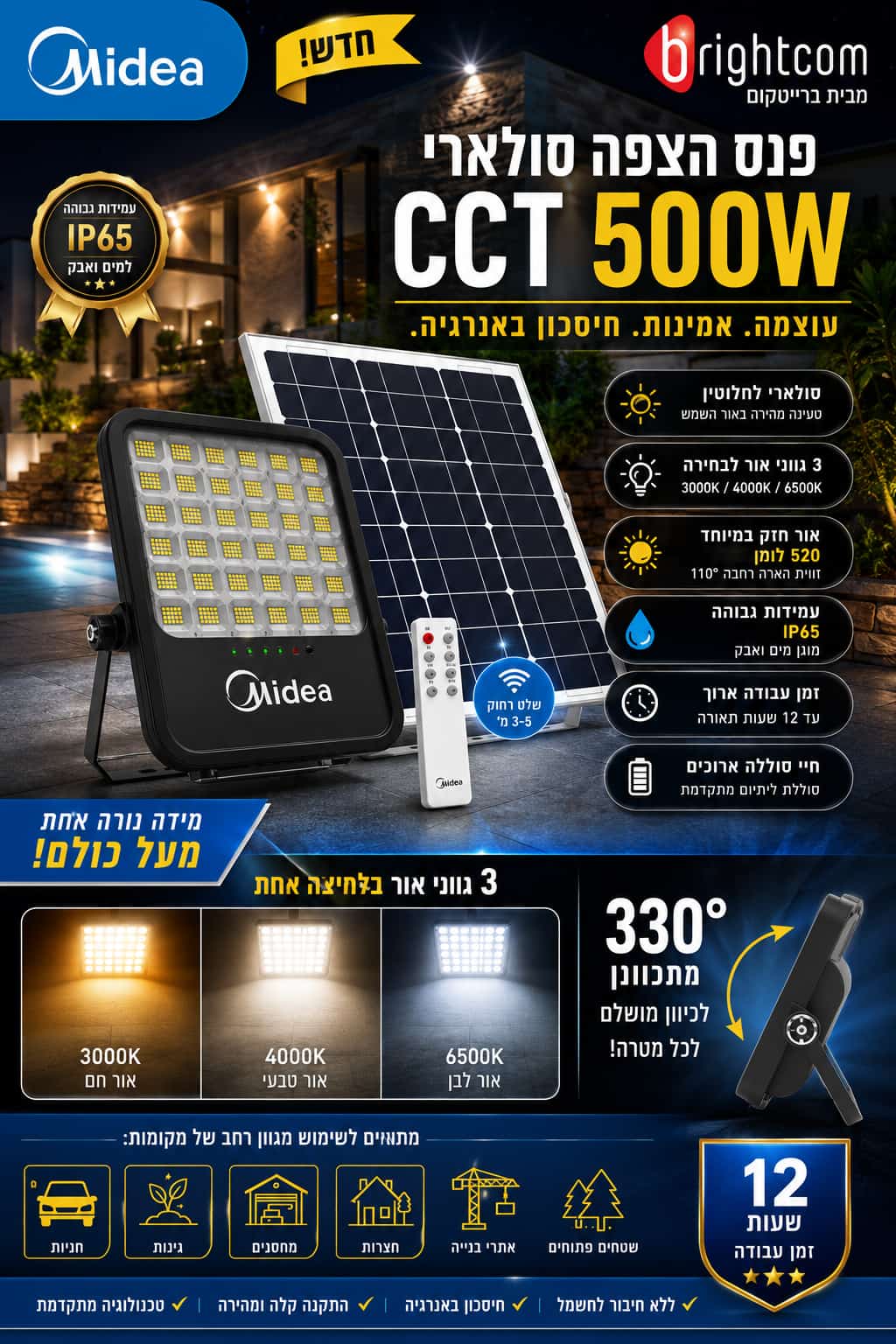 פנס הצפה סולארי לד 3 גווני אור 500W CCT + שלט  MIDEA, 356 MDL-FLS500W-02