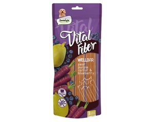 Dentalight חטיף דנטלי "Vital Fiber" לכלב בטעם אגס גזר סגול ואוכמניות בצורת מקל לעיסה ענק! | 250 גרם