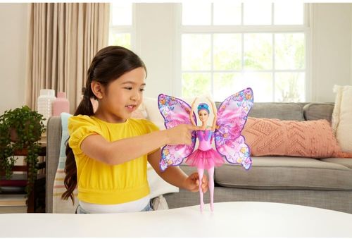 בובת ברבי רקדנית פרפר 2 ב-1 משנה צורה עם כנפיים נפתחות