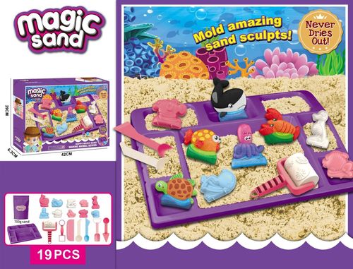 ערכת חול קינטי Magic Send כולל 700 גרם חול, מגש פעילות, שבלונות וכלי פיסול 19 חלקים - עולם המים