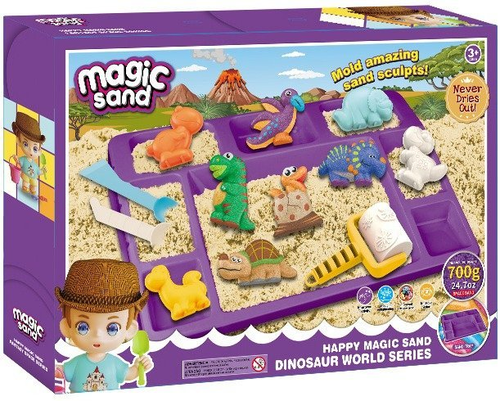ערכת חול קינטי Magic Send כולל 700 גרם חול, מגש פעילות, שבלונות וכלי פיסול 19 חלקים - עולם הדינוזאורים