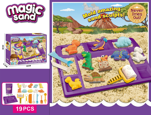 ערכת חול קינטי Magic Send כולל 700 גרם חול, מגש פעילות, שבלונות וכלי פיסול 19 חלקים - עולם הדינוזאורים