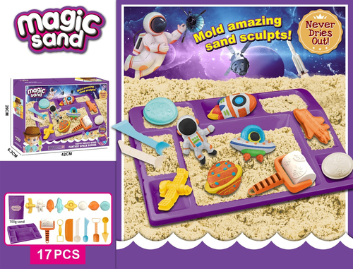 ערכת חול קינטי Magic Send כולל 700 גרם חול, מגש פעילות, שבלונות וכלי פיסול 19 חלקים - חלל