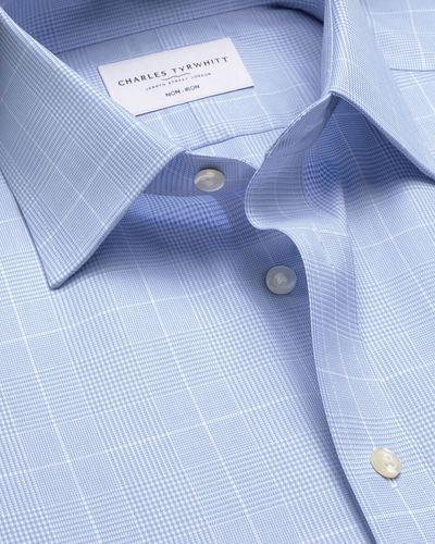 חולצה משובצת כחולה גזרת קלאסיק -Sky blue Prince of Wales check non-iron twill classic fit shirt
