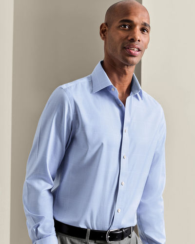 חולצה משובצת כחולה גזרת קלאסיק -Sky blue Prince of Wales check non-iron twill classic fit shirt