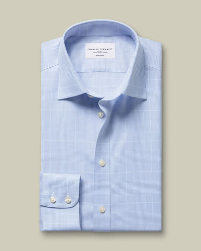 חולצה משובצת כחולה גזרת קלאסיק -Sky blue Prince of Wales check non-iron twill classic fit shirt