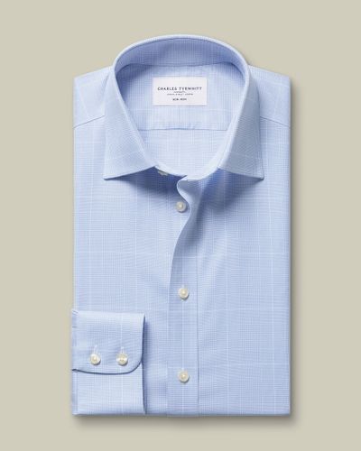 חולצה משובצת כחולה גזרת סלים -Sky blue Prince of Wales check non-iron twill slim fit shirt