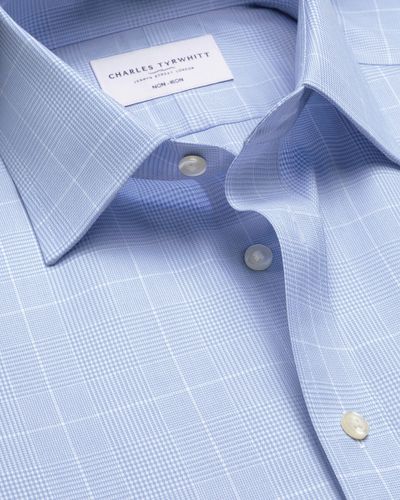 חולצה משובצת כחולה גזרת אקסטרה סלים -Sky blue Prince of Wales check non-iron twill extra slim fit shirt