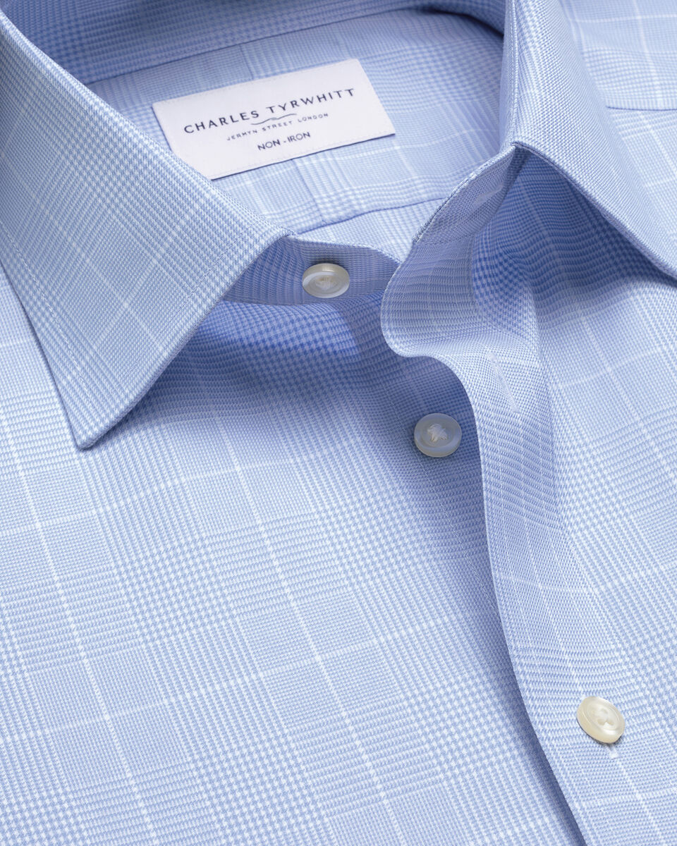 חולצה משובצת כחולה גזרת אקסטרה סלים -Sky blue Prince of Wales check non-iron twill extra slim fit shirt