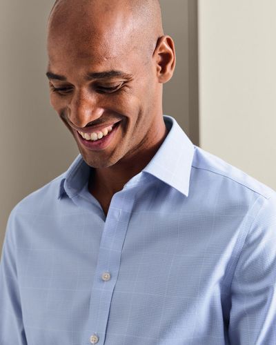 חולצה משובצת כחולה גזרת אקסטרה סלים -Sky blue Prince of Wales check non-iron twill extra slim fit shirt