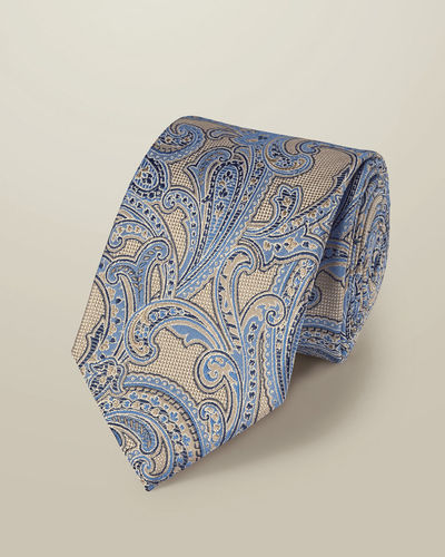 עניבה - Stone and blue silk paisley tie