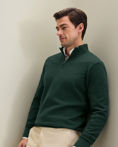 סוודר מצמר מרינו עם רוכסן צבע ירוק Forest green pure merino texture zip neck jumper
