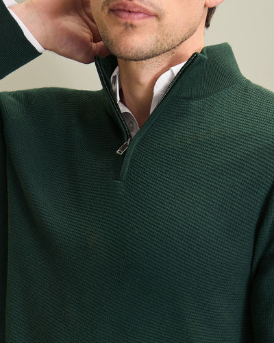 סוודר מצמר מרינו עם רוכסן צבע ירוק Forest green pure merino texture zip neck jumper