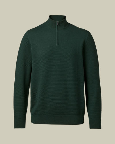 סוודר מצמר מרינו עם רוכסן צבע ירוק Forest green pure merino texture zip neck jumper