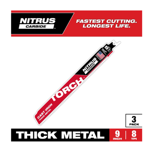 סט 3 להבי Milwaukee TORCH עם NITRUS Carbide SAWZALL דגם 48-00-5362 אורך 9 אינץ 8TPI לברזל יצוק