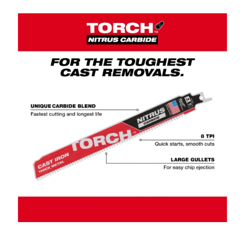 סט 3 להבי Milwaukee TORCH עם NITRUS Carbide SAWZALL דגם 48-00-5362 אורך 9 אינץ 8TPI לברזל יצוק