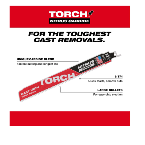 סט 3 להבי Milwaukee TORCH עם NITRUS Carbide SAWZALL דגם 48-00-5362 אורך 9 אינץ 8TPI לברזל יצוק 