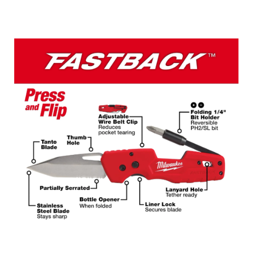 סכין מתקפלת Milwaukee FASTBACK 5in1 דגם 48-22-1540 עם להב Tanto ומחזיק ביטים