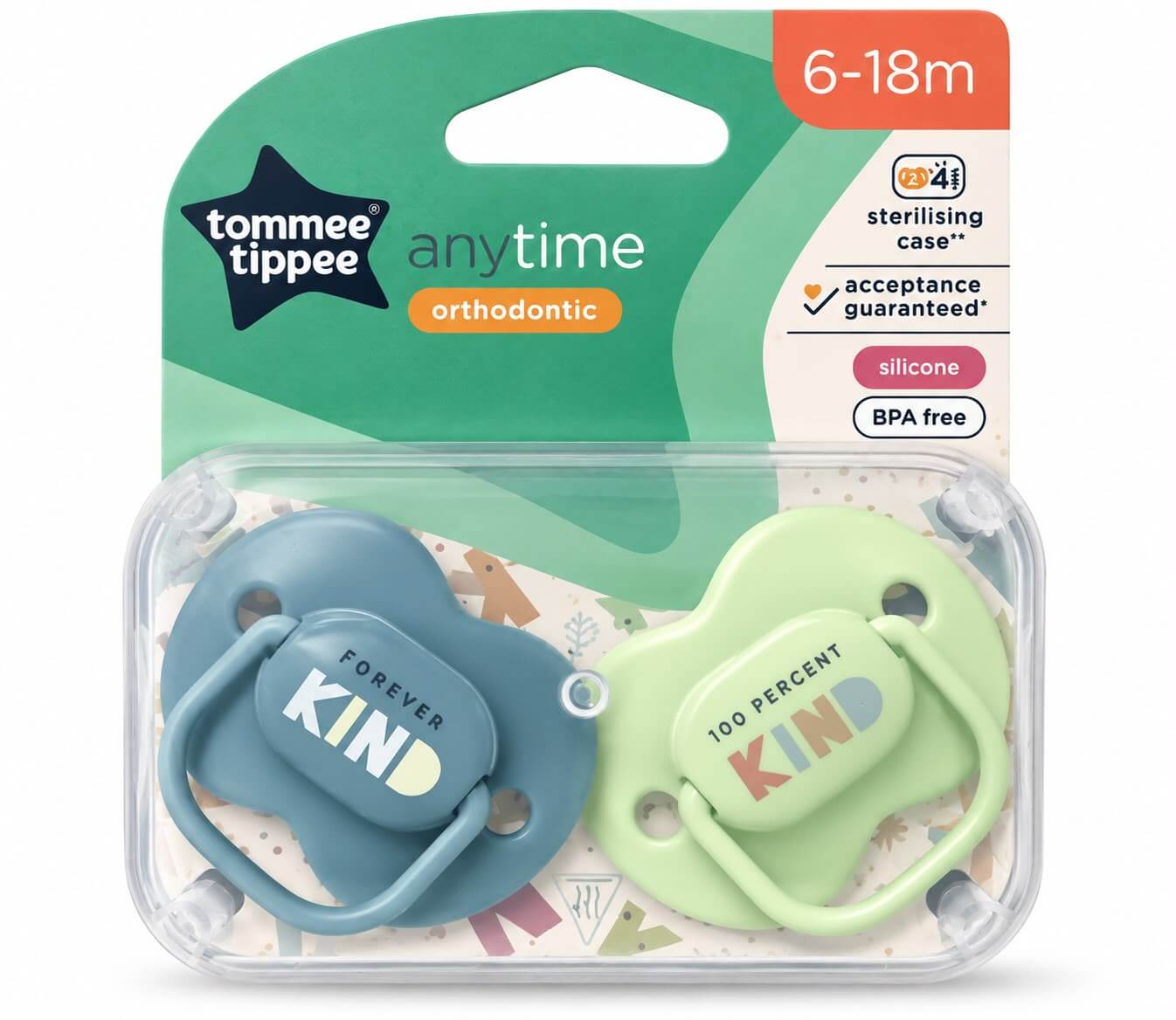 זוג מוצצי סיליקון מעוצבים 6-18 Tommee Tippee ירוק/כחול