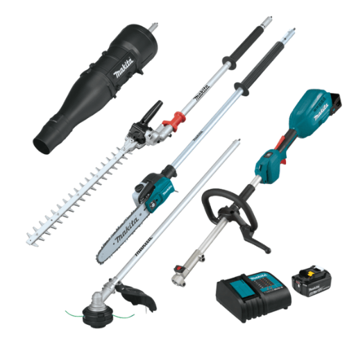 מערכת גינון נטענת Makita XUX02SM1X6 18V Brushless עם חרמש, מסור גובה, מגזמת ומפוח כולל סוללה 4Ah ומטען 