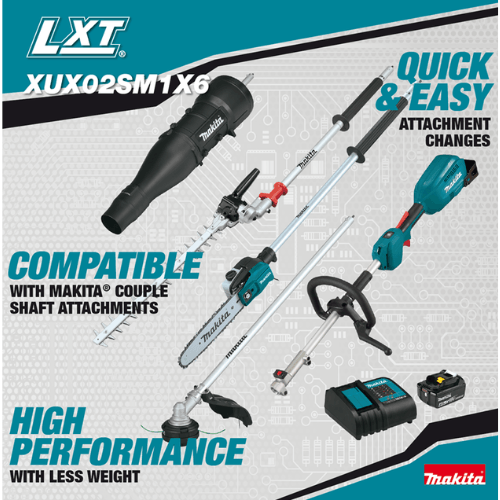 מערכת גינון נטענת Makita XUX02SM1X6 18V Brushless עם חרמש, מסור גובה, מגזמת ומפוח כולל סוללה 4Ah ומטען 