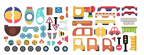 מארז יצירה במגנטים 57 חלקים, 8 כרטיסיות ומארקר מחיק - כלי רכב