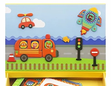 מארז יצירה במגנטים 57 חלקים, 8 כרטיסיות ומארקר מחיק - כלי רכב