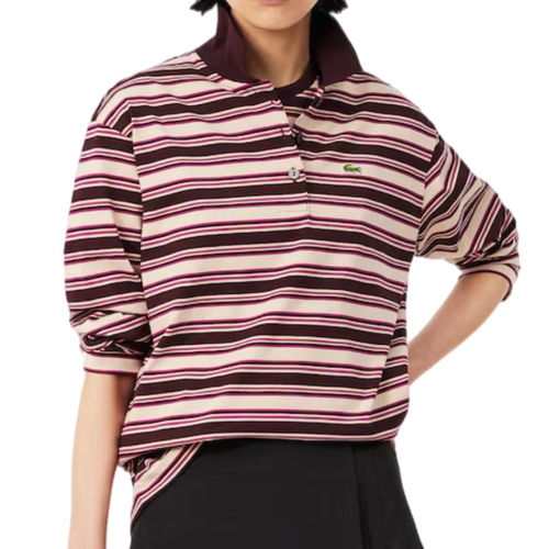 חולצת פולו ארוכה LACOSTE מידות XS-XL פסים ורוד-בורדו