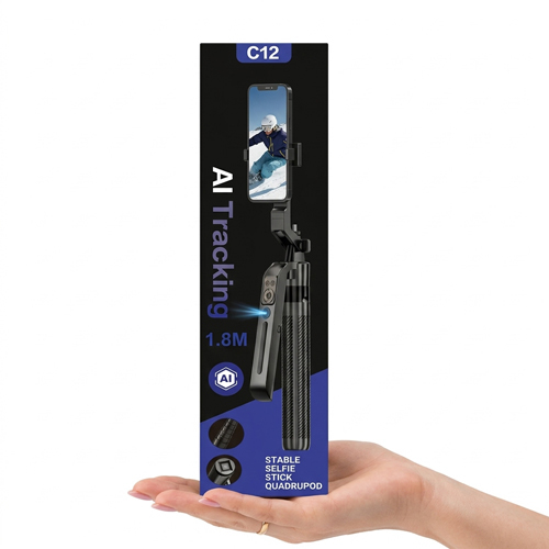 חצובה ומקל סלפי ממונע C12 עם מנגנון למעקב פנים AI מבוסס בינה מלאכותית