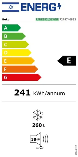 מקפיא 7 תאים No Frost נפח 260 ליטר BEKO דגם RFNE292L31WNP – מדחס ProSmart Inverter שקט וחסכוני, עיצוב מודרני בגימור כסף