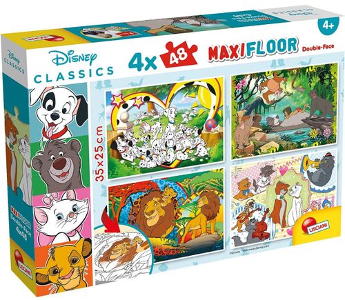 4 פאזלי רצפה דו-צדדיים 48 חלקים 2 ב-1 להרכבה ולצביעה - הקלסיקות של דיסני