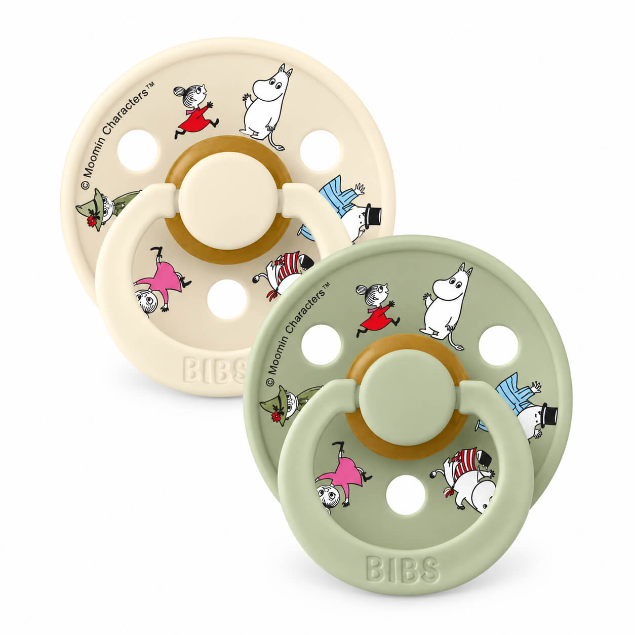 זוג מוצצי Moomin Friends עם פטמת לטקס עגולה מידה 1 שנהב מיקס BIBS