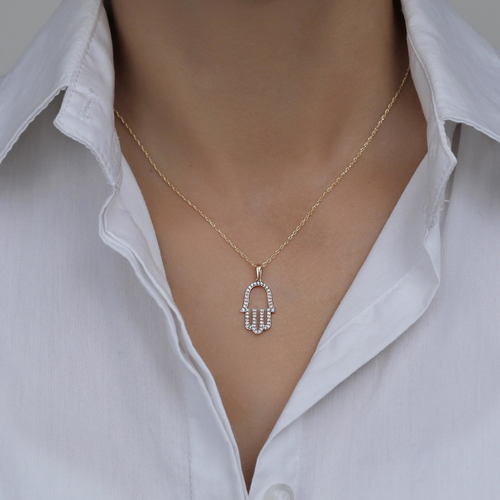 שרשרת ותליון חמסה יהלומים מזהב 14K