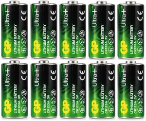 10 סוללות ליטיום לגלאי אזעקה אלחוטי GP CR123A ULTRA PLUS LITHIUM BATTERY