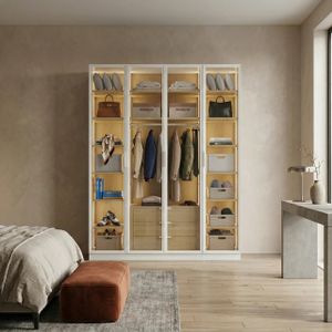 ארון 4 דלתות זכוכית עם תאורת LED דגם לומינה (160 ס"מ) - במגוון צבעים - לבן משולב עץ טבעי