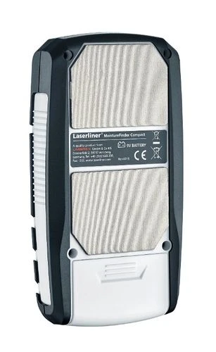 חלק אחורי של מכשיר למדידת רטיבות LASERLINER MoistureFinder Compact עם תצוגת אחוזי לחות דיגיטלית
