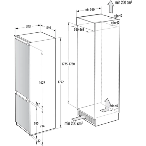 מקרר אינטגרלי gorenje מקפיא תחתון 252 ליטר דגם NRKI517E62WF